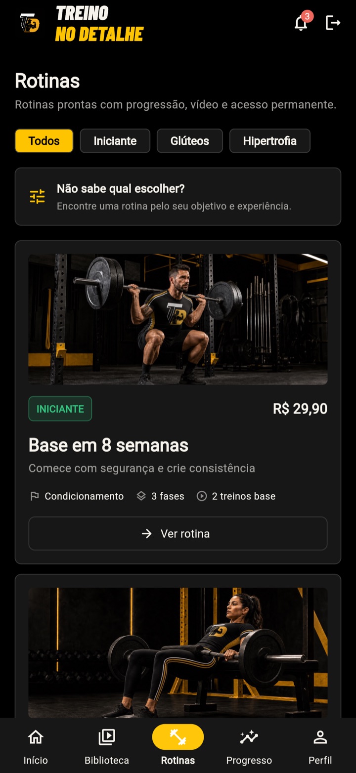 Tela de rotinas do aplicativo Treino no Detalhe